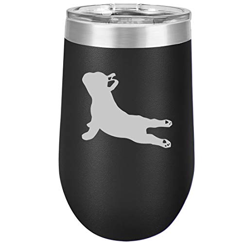 16 oz Double Wall Vacuum Insulated Stainless Steel Stemless Wine Tumbler Glass Coffee Travel Mug With Lid French Bulldog Yoga (Black)
