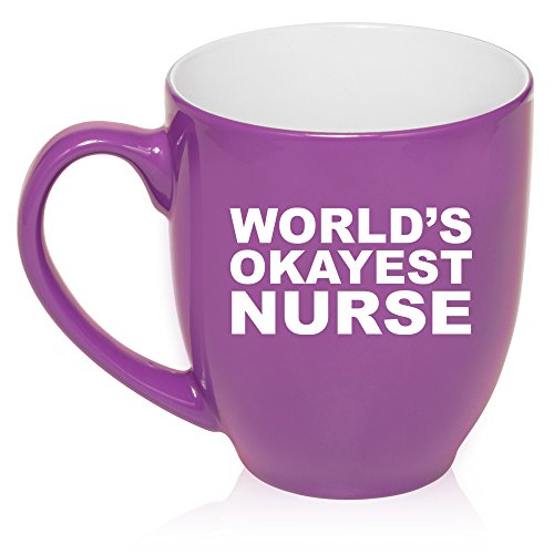 16 oz Large Bistro Mug Ceramic Coffee Tea Glass Cup World's Okayest Nurse (Purple)