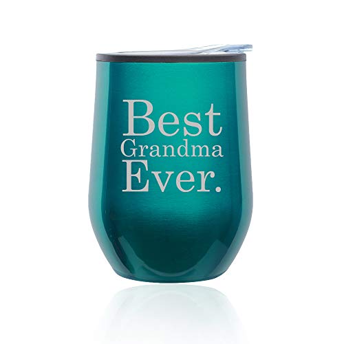 Stemless Wine Tumbler Coffee Travel Mug Glass With Lid Best Grandma Ever (Turquoise Teal)