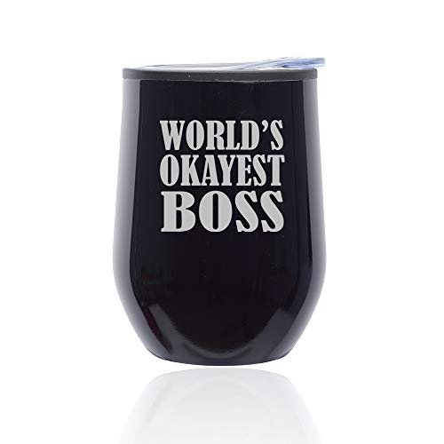 Stemless Wine Tumbler Coffee Travel Mug Glass With Lid World's Okayest Boss (Midnight Black)