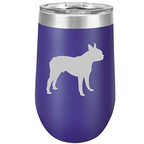 16 oz Double Wall Vacuum Insulated Stainless Steel Stemless Wine Tumbler Glass Coffee Travel Mug With Lid Boston Terrier (Purple)