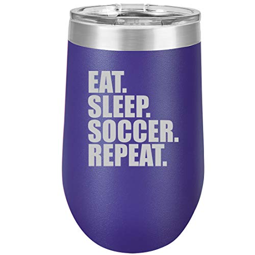 16 oz Double Wall Vacuum Insulated Stainless Steel Stemless Wine Tumbler Glass Coffee Travel Mug With Lid Eat Sleep Soccer Repeat (Purple)