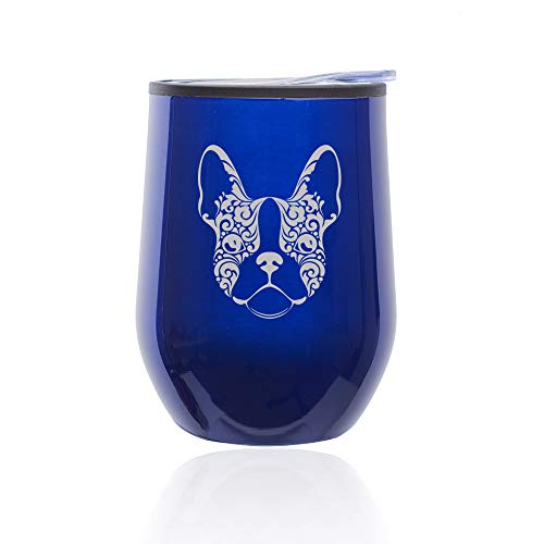 Stemless Wine Tumbler Coffee Travel Mug Glass With Lid French Bulldog Floral (Blue)
