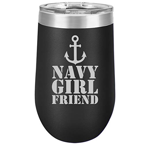 16 oz Double Wall Vacuum Insulated Stainless Steel Stemless Wine Tumbler Glass Coffee Travel Mug With Lid Navy Girlfriend Anchor (Black)