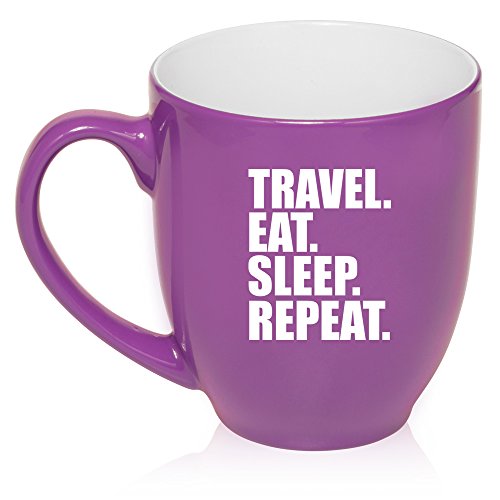 16 oz Large Bistro Mug Ceramic Coffee Tea Glass Cup Travel Eat Sleep Repeat (Purple)