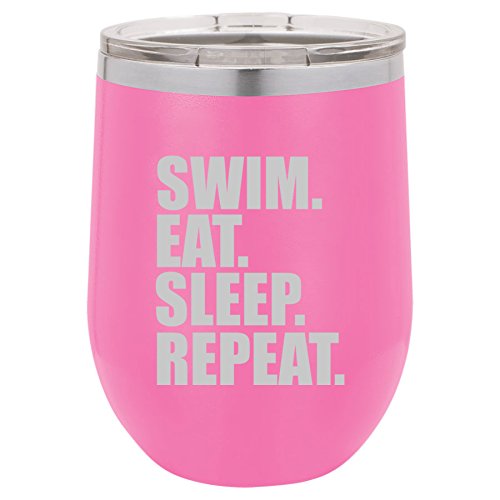 12 oz Double Wall Vacuum Insulated Stainless Steel Stemless Wine Tumbler Glass Coffee Travel Mug With Lid Swim Eat Sleep Repeat (Hot-Pink)