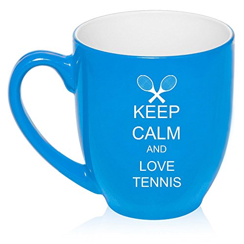16 oz Large Bistro Mug Ceramic Coffee Tea Glass Cup Keep Calm and Love Tennis (Light Blue)