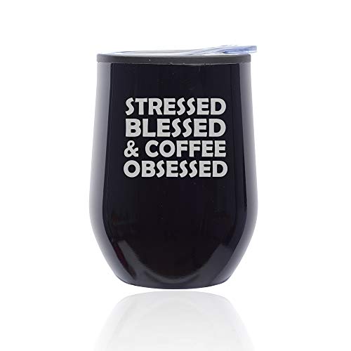 Stemless Wine Tumbler Coffee Travel Mug Glass With Lid Stressed Blessed & Coffee Obsessed (Midnight Black)