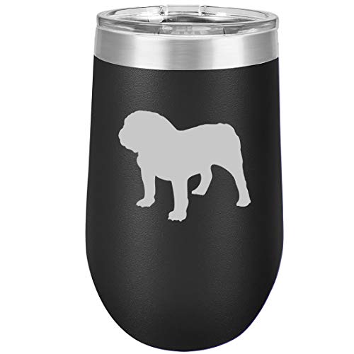 16 oz Double Wall Vacuum Insulated Stainless Steel Stemless Wine Tumbler Glass Coffee Travel Mug With Lid Bulldog (Black)