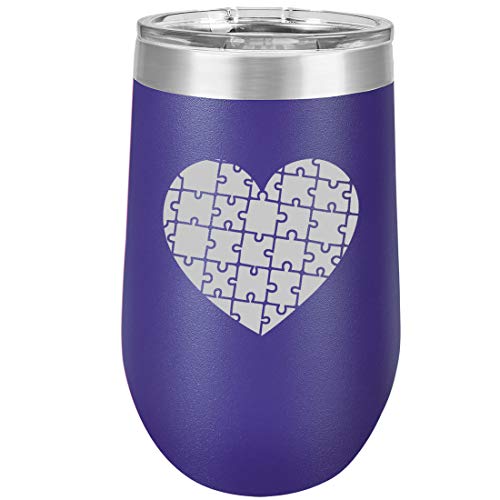 16 oz Double Wall Vacuum Insulated Stainless Steel Stemless Wine Tumbler Glass Coffee Travel Mug With Lid Heart Puzzle Autism (Purple)