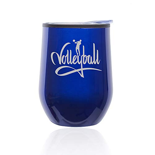 Stemless Wine Tumbler Coffee Travel Mug Glass With Lid Volleyball Calligraphy (Blue)