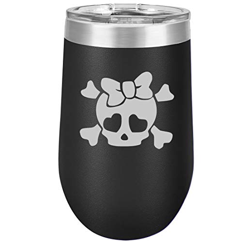 16 oz Double Wall Vacuum Insulated Stainless Steel Stemless Wine Tumbler Glass Coffee Travel Mug With Lid Heart Skull Bow