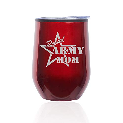Stemless Wine Tumbler Coffee Travel Mug Glass With Lid Proud Army Mom (Red)