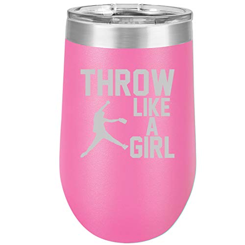 16 oz Double Wall Vacuum Insulated Stainless Steel Stemless Wine Tumbler Glass Coffee Travel Mug With Lid Throw Like A Girl Softball (Hot Pink)