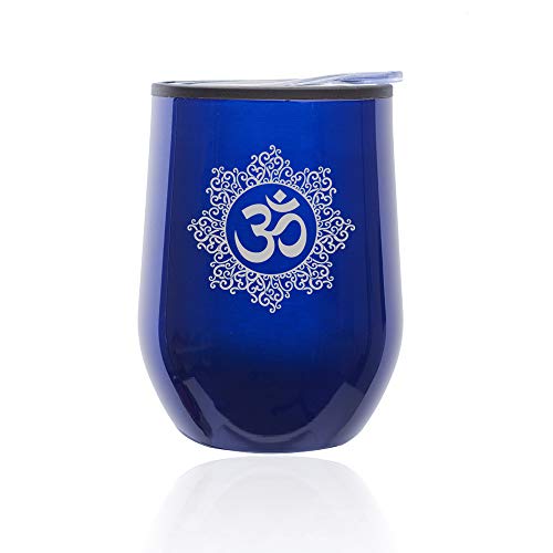 Stemless Wine Tumbler Coffee Travel Mug Glass With Lid Yoga Floral (Blue)