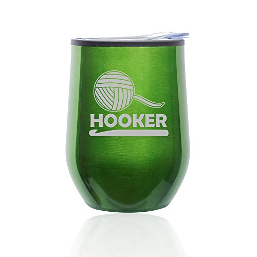 Stemless Wine Tumbler Coffee Travel Mug Glass With Lid Funny Crochet Hooker (Green)