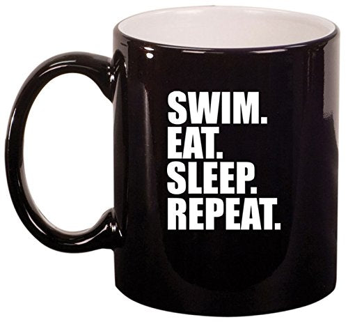 Ceramic Coffee Tea Mug Cup Swim Eat Sleep Repeat (Black)