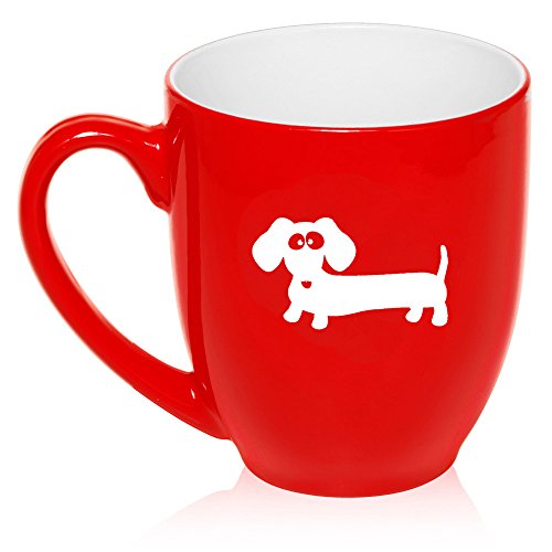 16 oz Large Bistro Mug Ceramic Coffee Tea Glass Cup Dachshund Cartoon (Red)