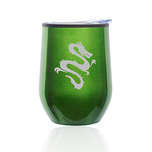 Stemless Wine Tumbler Coffee Travel Mug Glass With Lid Dragon (Green)