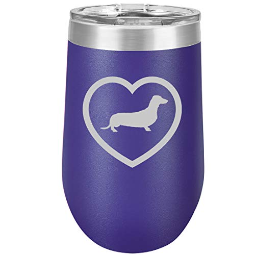 16 oz Double Wall Vacuum Insulated Stainless Steel Stemless Wine Tumbler Glass Coffee Travel Mug With Lid Dachshund Heart (Purple)