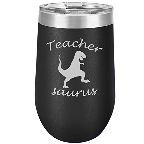 16 oz Double Wall Vacuum Insulated Stainless Steel Stemless Wine Tumbler Glass Coffee Travel Mug With Lid Teacher Saurus Funny T-Rex (Black)