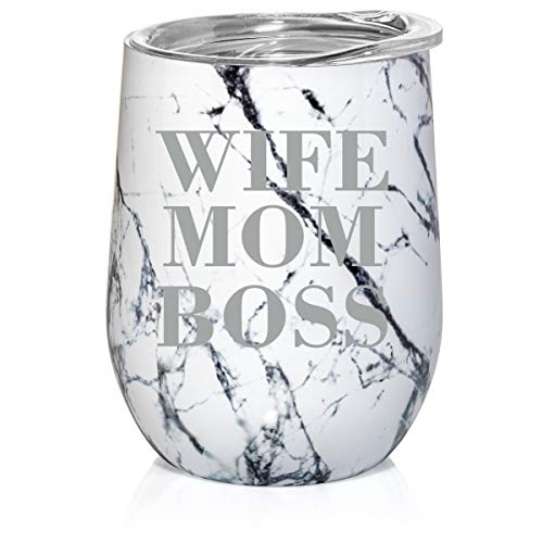 12 oz Double Wall Vacuum Insulated Stainless Steel Marble Stemless Wine Tumbler Glass Coffee Travel Mug With Lid Wife Mom Boss (Black White Marble)