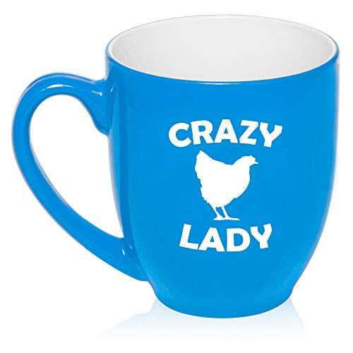 16 oz Large Bistro Mug Ceramic Coffee Tea Glass Cup Crazy Chicken Lady (Light-Blue)