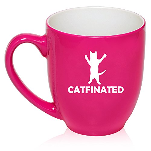 16 oz Large Bistro Mug Ceramic Coffee Tea Glass Cup Catfinated Funny Cat Caffeine (Hot Pink)