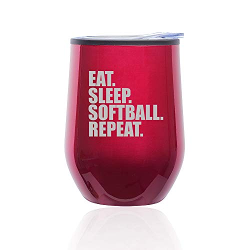 Stemless Wine Tumbler Coffee Travel Mug Glass With Lid Eat Sleep Softball Repeat (Fuchsia)