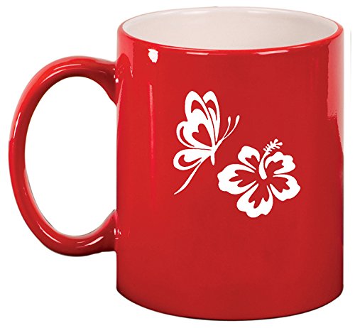 Ceramic Coffee Tea Mug Cup Butterfly and Hibiscus (Red)