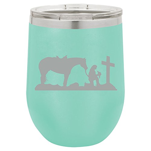 12 oz Double Wall Vacuum Insulated Stainless Steel Stemless Wine Tumbler Glass Coffee Travel Mug With Lid Cowgirl Praying Cross Horse (Teal)