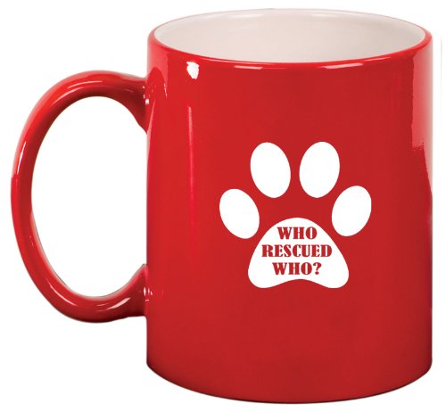 Red Ceramic Coffee Tea Mug Paw Print Who Rescued Who