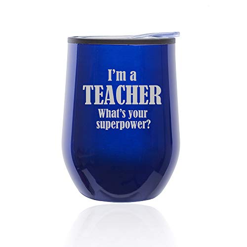 Stemless Wine Tumbler Coffee Travel Mug Glass With Lid Teacher Superpower (Blue)