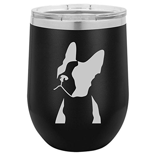12 oz Double Wall Vacuum Insulated Stainless Steel Stemless Wine Tumbler Glass Coffee Travel Mug With Lid Boston Terrier Face (Black)