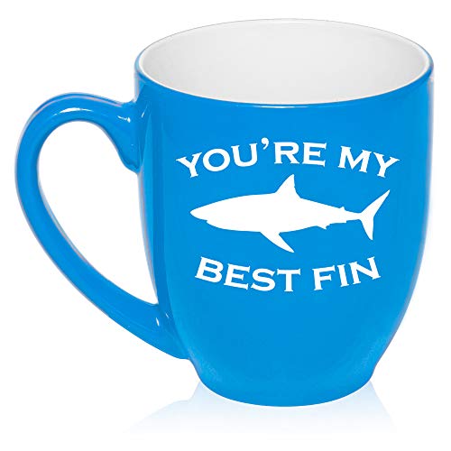 16 oz Large Bistro Mug Ceramic Coffee Tea Glass Cup You're My Best Fin Friend Shark (Light-Blue)