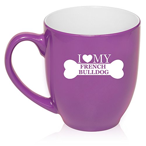 16 oz Large Bistro Mug Ceramic Coffee Tea Glass Cup I Love My French Bulldog (Purple)