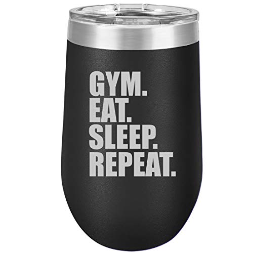 16 oz Double Wall Vacuum Insulated Stainless Steel Stemless Wine Tumbler Glass Coffee Travel Mug With Lid Gym Eat Sleep Repeat