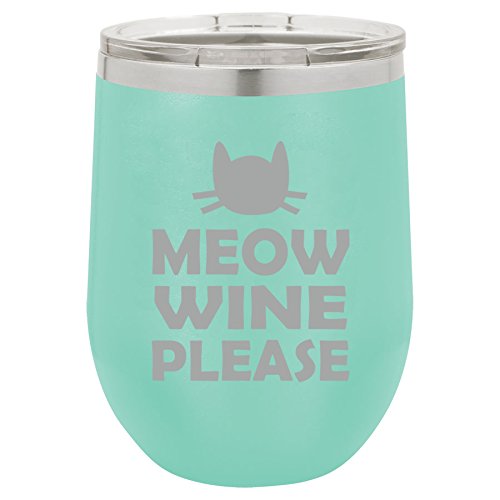 12 oz Double Wall Vacuum Insulated Stainless Steel Stemless Wine Tumbler Glass Coffee Travel Mug With Lid Meow Wine Please More Wine Funny Cat (Teal)