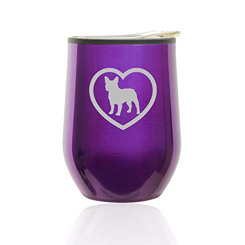 Stemless Wine Tumbler Coffee Travel Mug Glass With Lid French Bulldog Heart (Royal Purple)