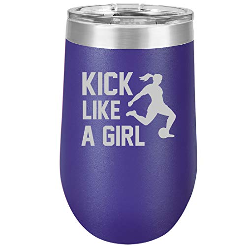 16 oz Double Wall Vacuum Insulated Stainless Steel Stemless Wine Tumbler Glass Coffee Travel Mug With Lid Kick Like A Girl Soccer (Purple)