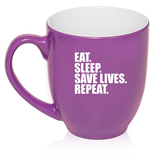 16 oz Large Bistro Mug Ceramic Coffee Tea Glass Cup Eat Sleep Save Lives Repeat Nurse Paramedic Doctor EMT Firefighter Police (Purple)