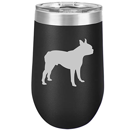 16 oz Double Wall Vacuum Insulated Stainless Steel Stemless Wine Tumbler Glass Coffee Travel Mug With Lid Boston Terrier (Black)