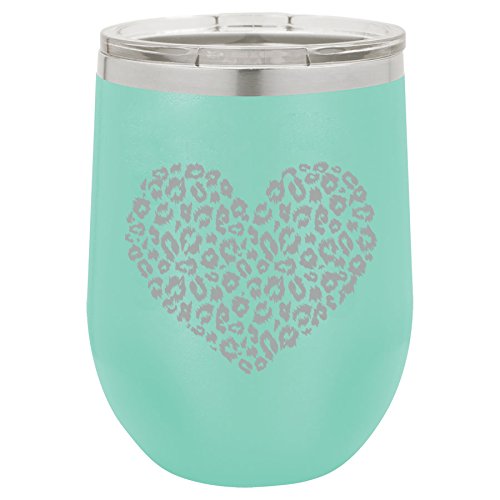 12 oz Double Wall Vacuum Insulated Stainless Steel Stemless Wine Tumbler Glass Coffee Travel Mug With Lid Leopard Print Love Heart (Teal)