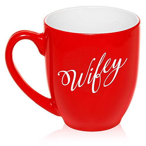 16 oz Large Bistro Mug Ceramic Coffee Tea Glass Cup Wifey Wife (Red)