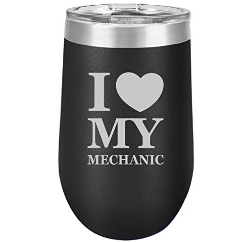 16 oz Double Wall Vacuum Insulated Stainless Steel Stemless Wine Tumbler Glass Coffee Travel Mug With Lid I Love Heart My Mechanic (Black)