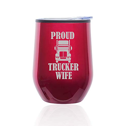 Stemless Wine Tumbler Coffee Travel Mug Glass With Lid Proud Trucker Wife (Fuchsia)