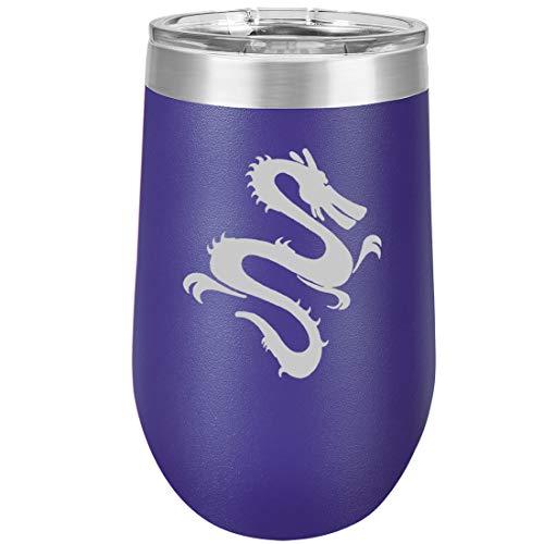16 oz Double Wall Vacuum Insulated Stainless Steel Stemless Wine Tumbler Glass Coffee Travel Mug With Lid Dragon (Purple)
