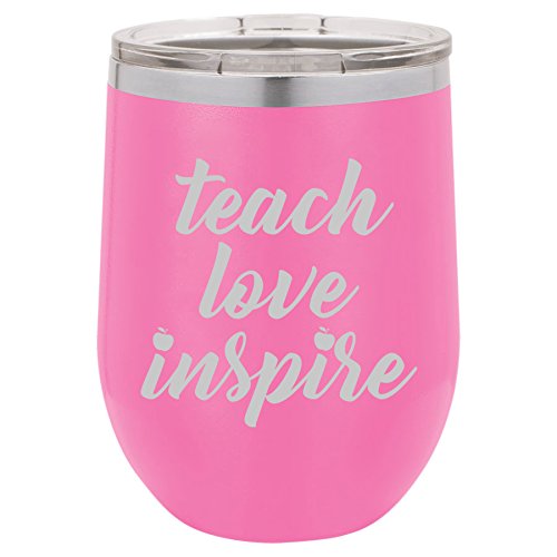 12 oz Double Wall Vacuum Insulated Stainless Steel Stemless Wine Tumbler Glass Coffee Travel Mug With Lid Teach Love Inspire Teacher (Hot-Pink)