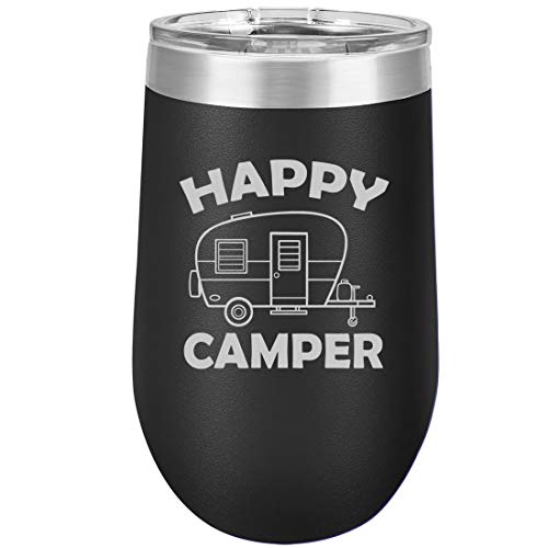 16 oz Double Wall Vacuum Insulated Stainless Steel Stemless Wine Tumbler Glass Coffee Travel Mug With Lid Happy Camper
