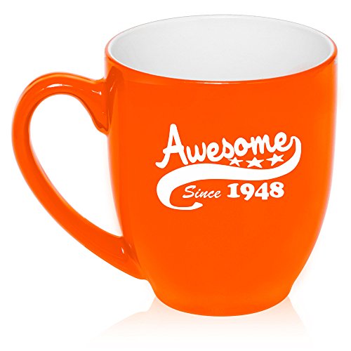 16 oz Large Bistro Mug Ceramic Coffee Tea Glass Cup Awesome Since 1948 70th Birthday (Orange)